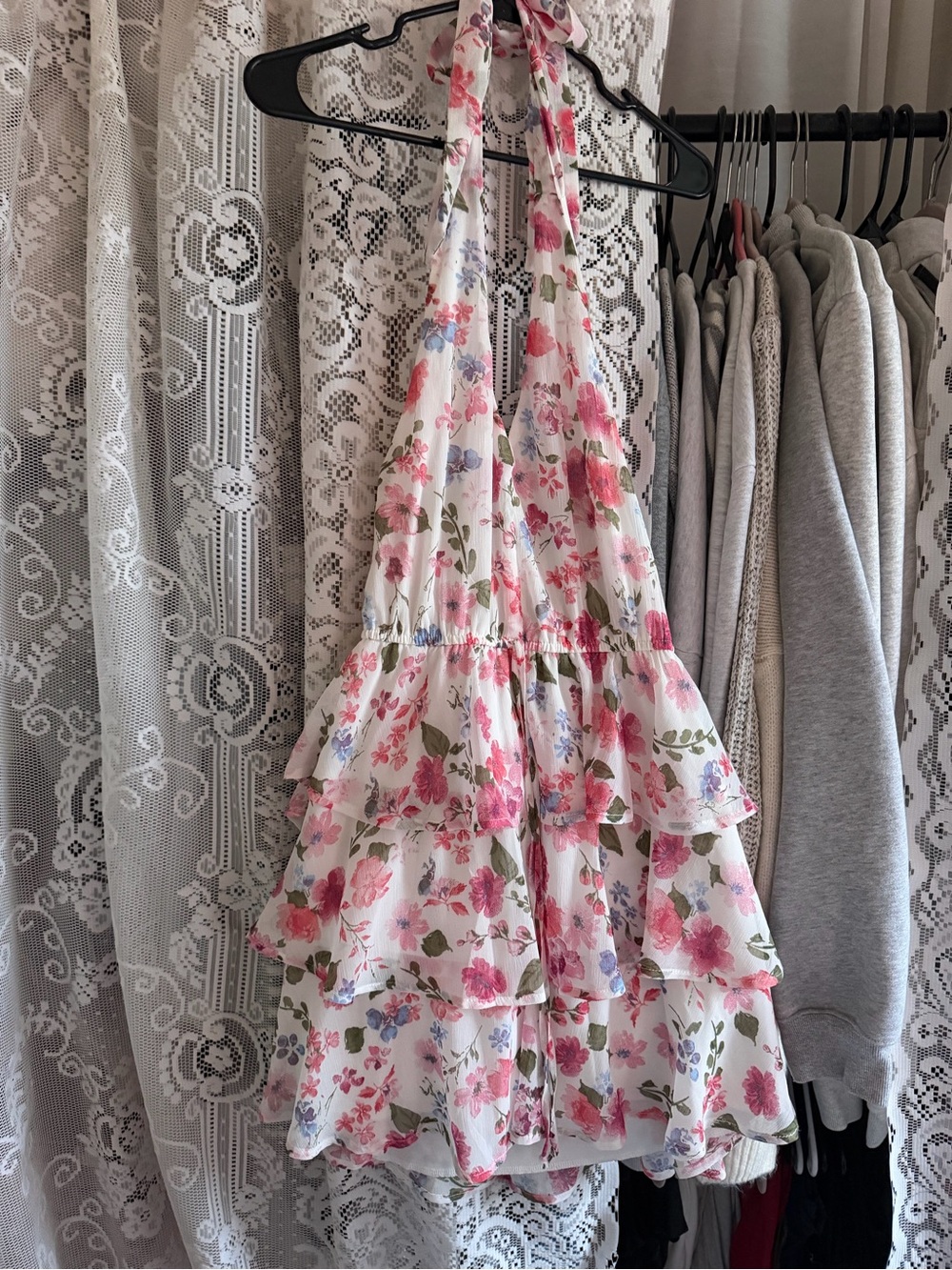 Altar'd State White Halter Mini Dress with Pink Floral Print